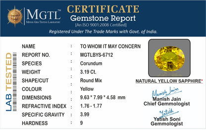 Yellow Sapphire (Pukhraj) - 3.23 Carats