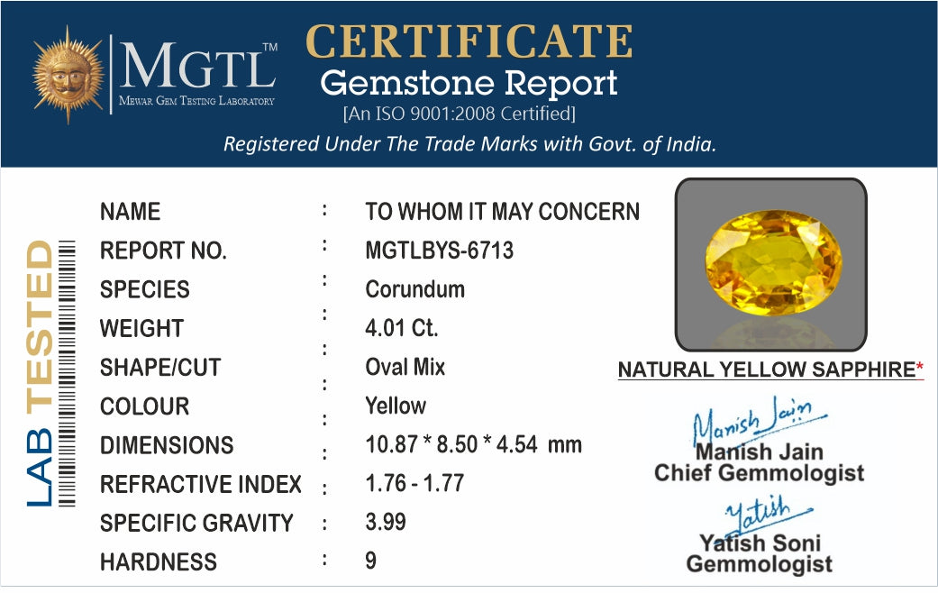 Yellow Sapphire - 4.01 Carats (Pukhraj - 4.37 Ratti)