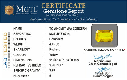 Yellow Sapphire - 4.05 Carats (Pukhraj - 4.41 Ratti)
