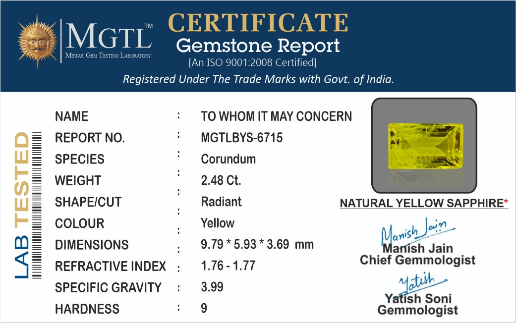 Yellow Sapphire - 2.48 Carats (Pukhraj - 2.70 Ratti)
