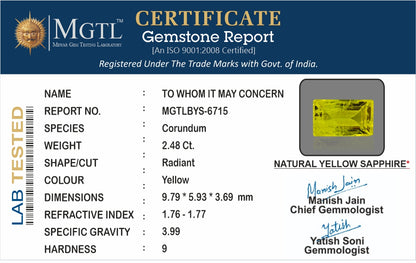 Yellow Sapphire - 2.48 Carats (Pukhraj - 2.70 Ratti)