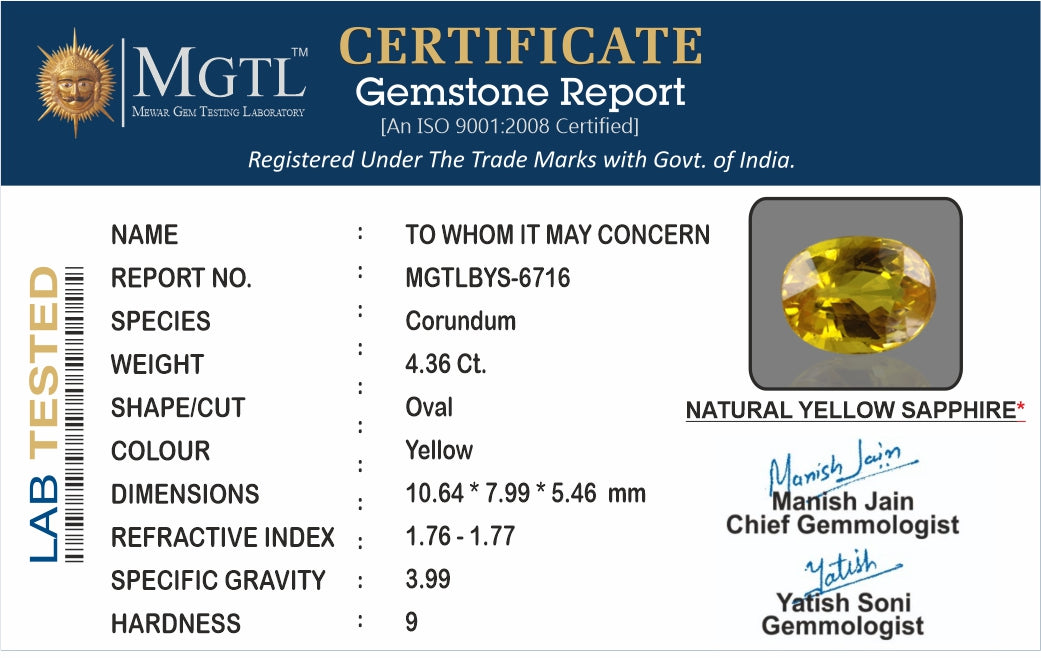 Yellow Sapphire - 4.36 Carats (Pukhraj - 4.75 Ratti)