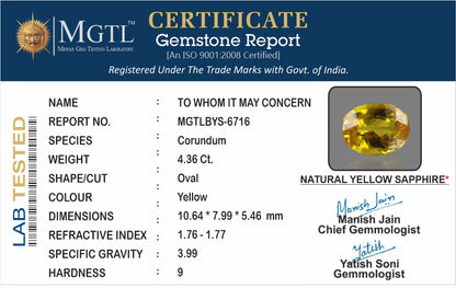 Yellow Sapphire - 4.36 Carats (Pukhraj - 4.75 Ratti)