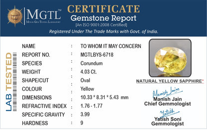 Yellow Sapphire - 4.03 Carats (Pukhraj - 4.39 Ratti)