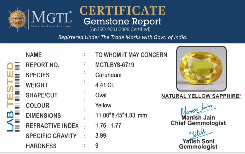 Yellow Sapphire - 4.41 Carats (Pukhraj - 4.81 Ratti)