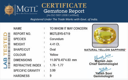 Yellow Sapphire - 4.41 Carats (Pukhraj - 4.81 Ratti)
