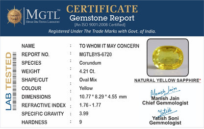 Yellow Sapphire - 4.21 Carats (Pukhraj - 4.59 Ratti)
