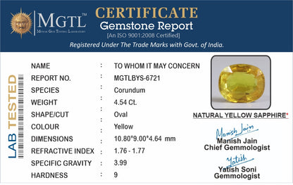 Yellow Sapphire - 4.54 Carats (Pukhraj - 4.95 Ratti)