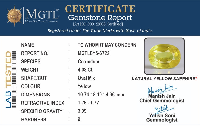 Yellow Sapphire (Pukhraj) - 4.08 Carats