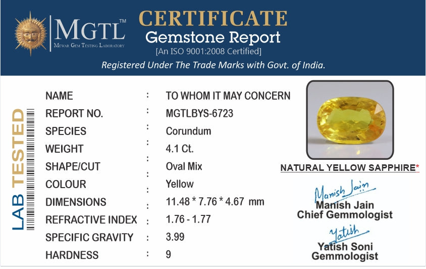 Yellow Sapphire - 4.10 Carats (Pukhraj - 4.47 Ratti)