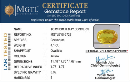 Yellow Sapphire - 4.10 Carats (Pukhraj - 4.47 Ratti)