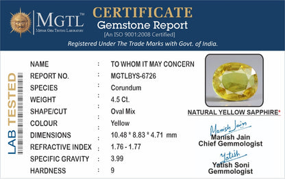 Yellow Sapphire - 4.50 Carats (Pukhraj - 4.91 Ratti)