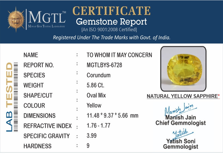 Yellow Sapphire (Pukhraj) - 5.86 Carats