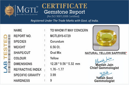 Yellow Sapphire - 6.56 Carats (Pukhraj - 7.15 Ratti)