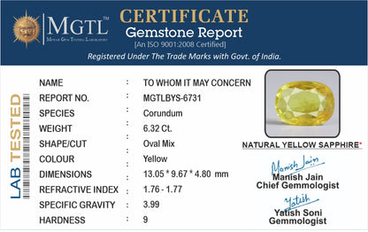 Yellow Sapphire - 6.32 Carats (Pukhraj - 6.89 Ratti)