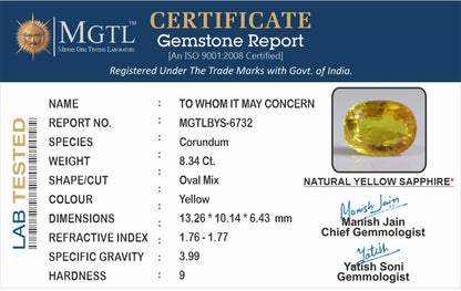 Yellow Sapphire - 8.34 Carats (Pukhraj - 9.09 Ratti)