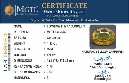 Yellow Sapphire - 4.13 Carats (Pukhraj - 4.50 Ratti)