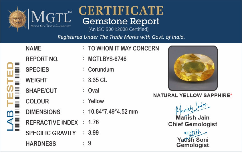 Yellow Sapphire (Pukhraj) - 3.38 Carats