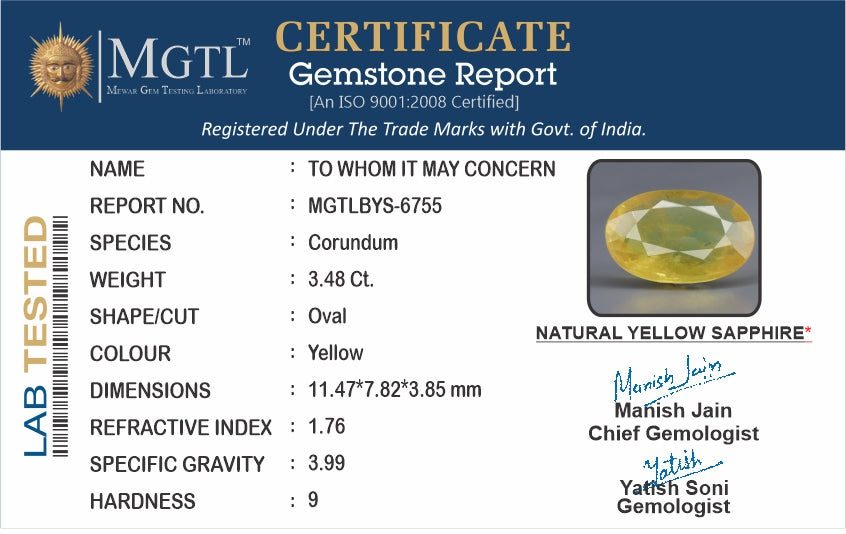 Yellow Sapphire (Pukhraj) - 3.49 Carats