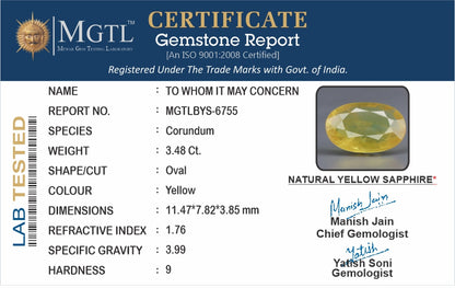 Yellow Sapphire (Pukhraj) - 3.49 Carats