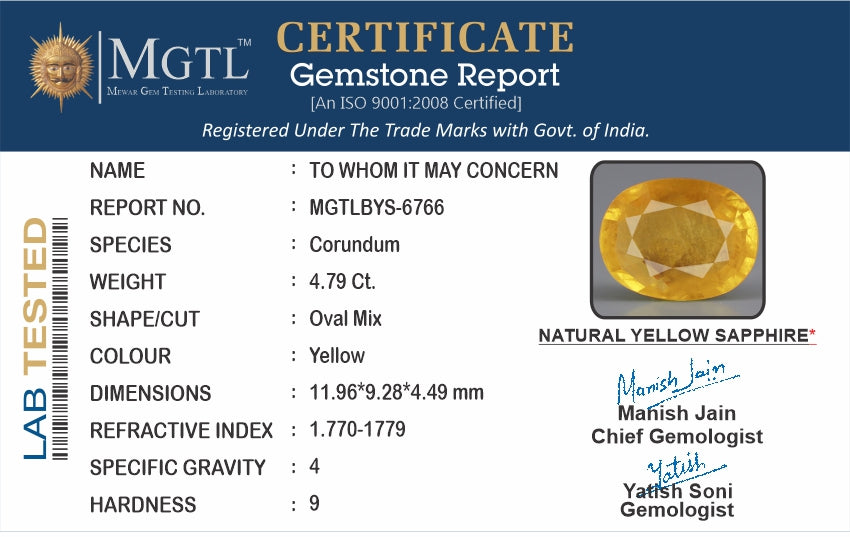 Yellow Sapphire - 4.79 Carats (Pukhraj - 5.22 Ratti)