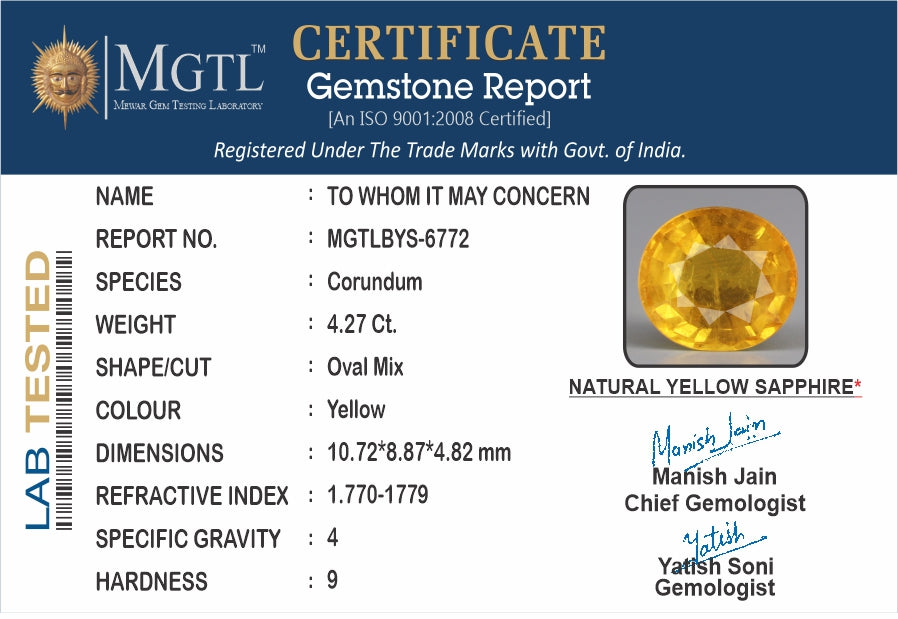 Yellow Sapphire - 4.27 Carats (Pukhraj - 4.65 Ratti)