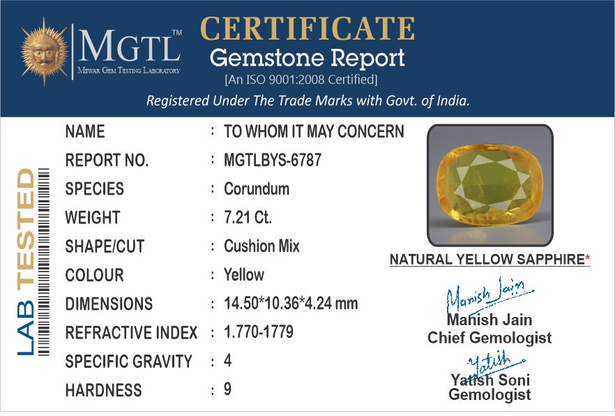 Yellow Sapphire - 7.21 Carats (Pukhraj - 7.86 Ratti)