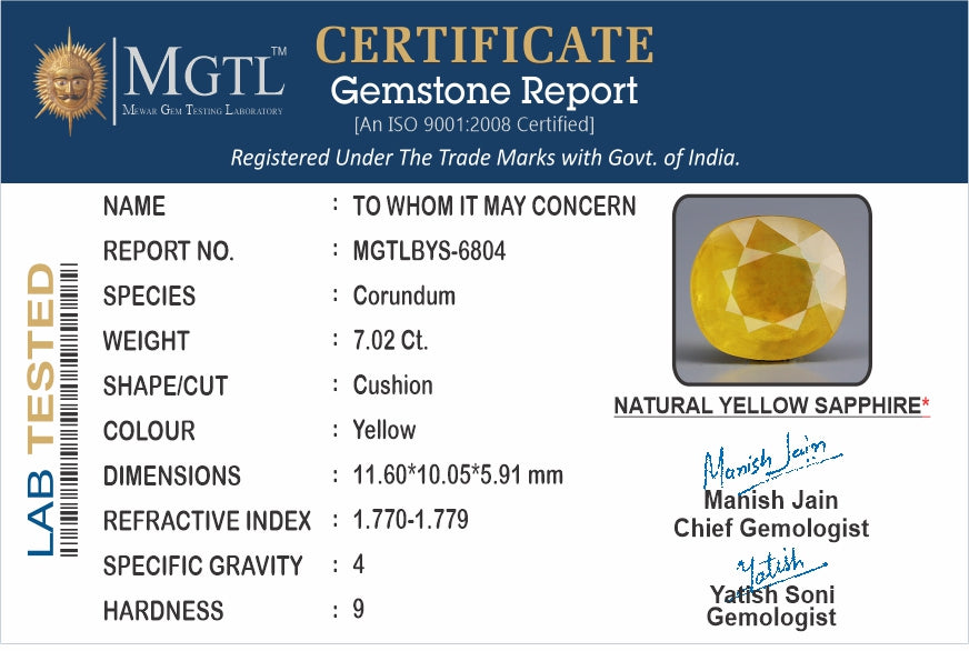 Yellow Sapphire - 7.02 Carats (Pukhraj - 7.65 Ratti)