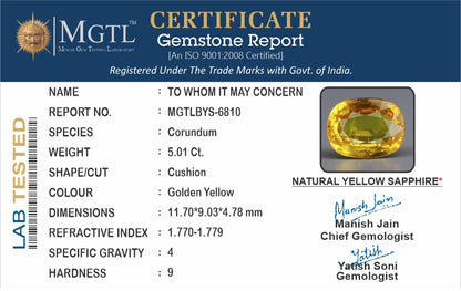 Yellow Sapphire - 5.01 Carats (Pukhraj - 5.46 Ratti)