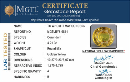 Yellow Sapphire - 4.21 Carats (Pukhraj - 4.59 Ratti)
