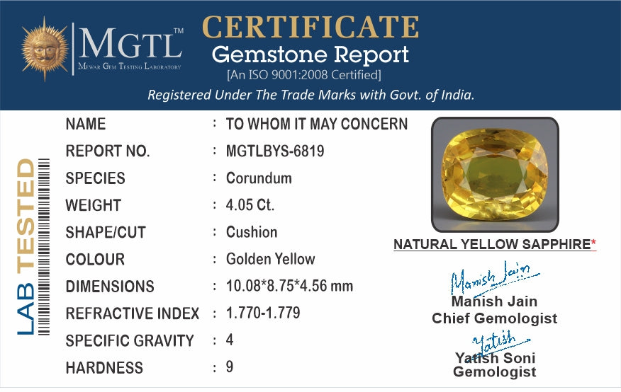 Yellow Sapphire - 4.05 Carats (Pukhraj - 4.41 Ratti)