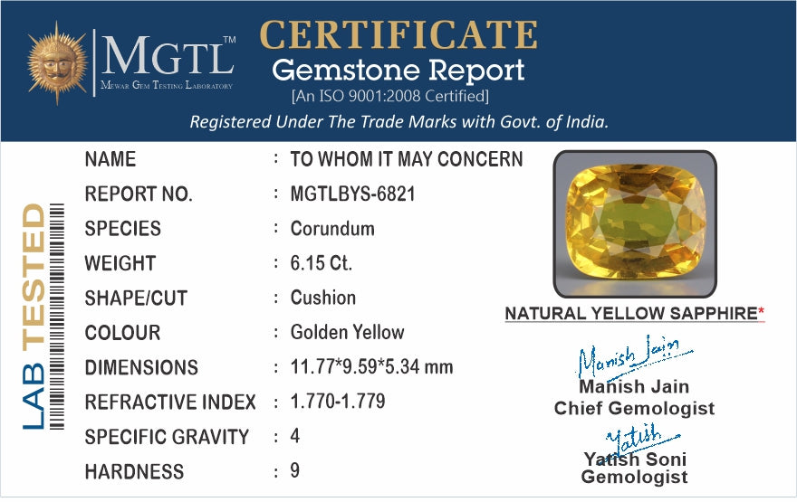 Yellow Sapphire - 6.15 Carats (Pukhraj - 6.70 Ratti)