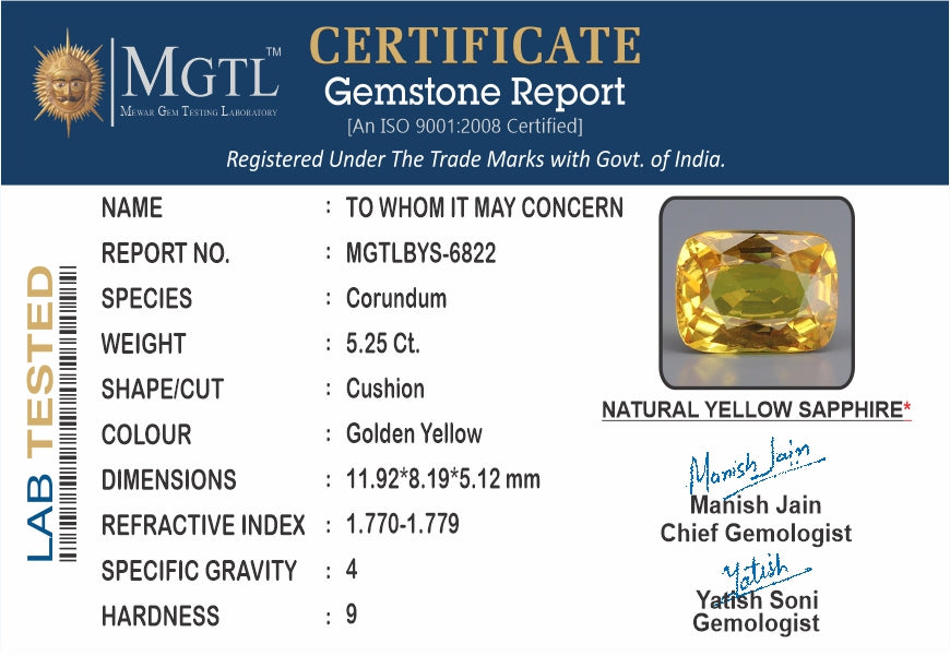 Yellow Sapphire - 5.25 Carats (Pukhraj - 5.72 Ratti)