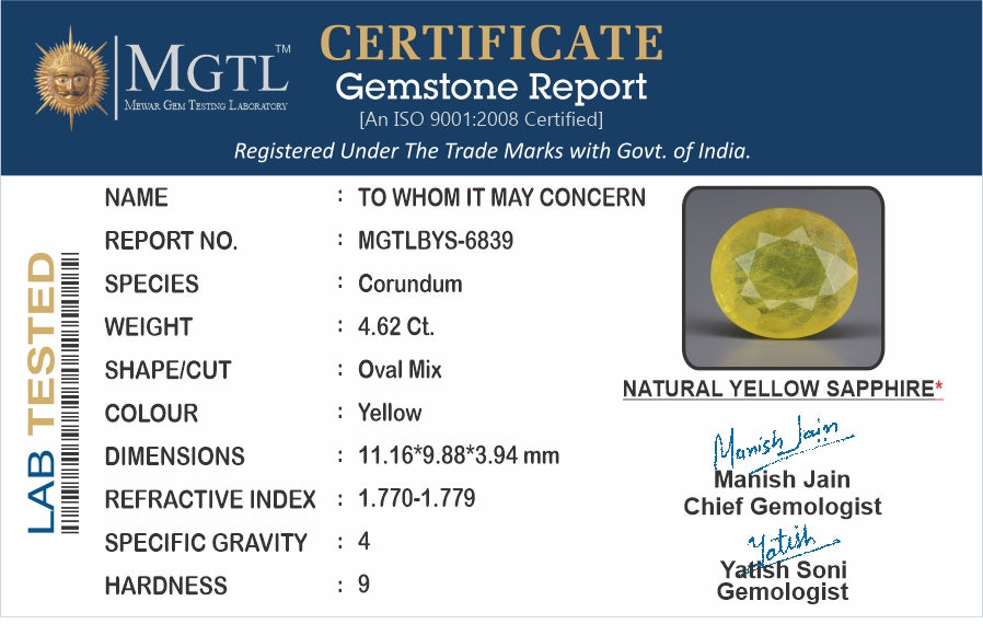 Yellow Sapphire - 4.62 Carats (Pukhraj - 5.04 Ratti)