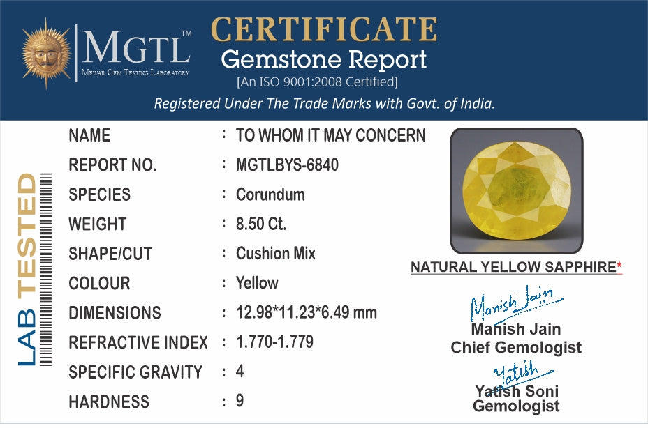 Yellow Sapphire - 8.50 Carats (Pukhraj - 9.27 Ratti)