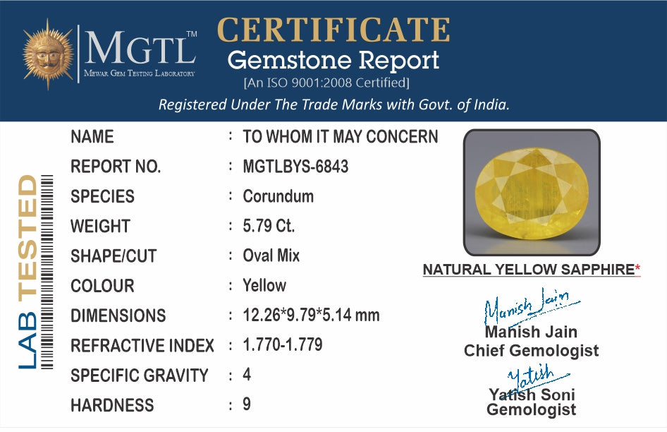 Yellow Sapphire - 5.79 Carats (Pukhraj - 6.31 Ratti)