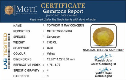 Yellow Sapphire - 7.83 Carats (Pukhraj - 8.53 Ratti)