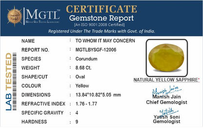 Yellow Sapphire - 8.68 Carats (Pukhraj - 9.46 Ratti)