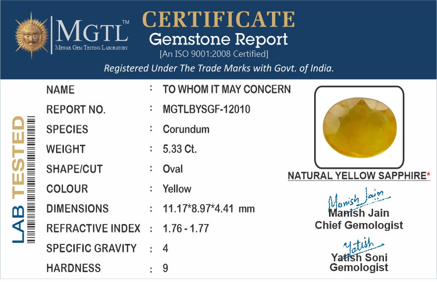Yellow Sapphire - 5.33 Carats (Pukhraj - 5.81 Ratti)