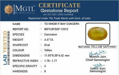 Yellow Sapphire - 4.47 Carats (Pukhraj - 4.87 Ratti)