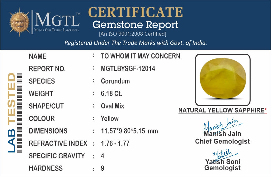 Yellow Sapphire - 6.18 Carats (Pukhraj - 6.74 Ratti)