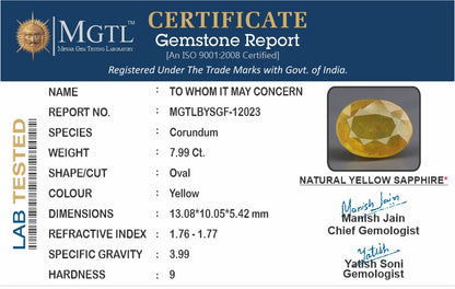Yellow Sapphire - 7.99 Carats (Pukhraj - 8.71 Ratti)