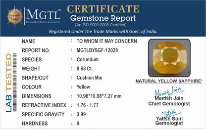Yellow Sapphire - 8.68 Carats (Pukhraj - 9.46 Ratti)
