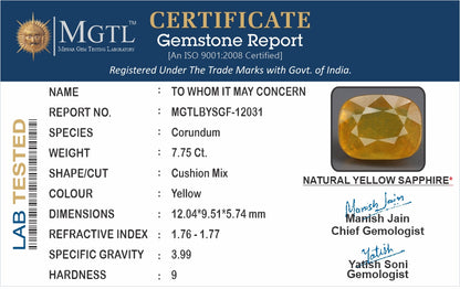 Yellow Sapphire - 7.75 Carats (Pukhraj - 8.45 Ratti)
