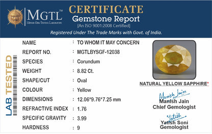 Yellow Sapphire - 8.82 Carats (Pukhraj - 9.61 Ratti)