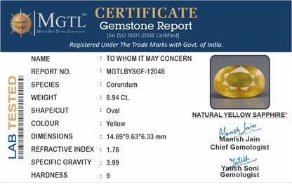 Yellow Sapphire - 8.94 Carats (Pukhraj - 9.74 Ratti)