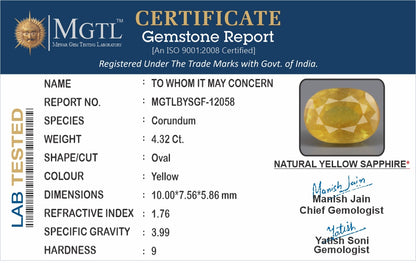 Yellow Sapphire - 4.32 Carats (Pukhraj - 4.71 Ratti)