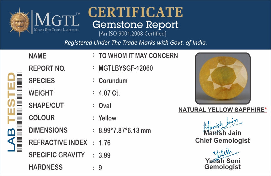 Yellow Sapphire - 4.07 Carats (Pukhraj - 4.44 Ratti)