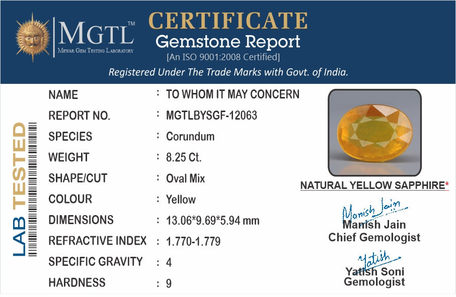 Yellow Sapphire - 8.25 Carats (Pukhraj - 8.99 Ratti)