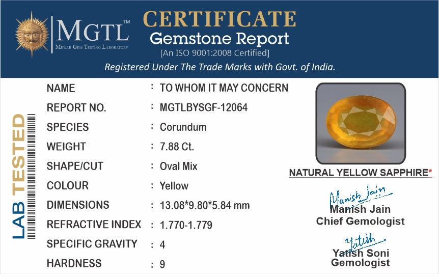 Yellow Sapphire - 7.88 Carats (Pukhraj - 8.59 Ratti)